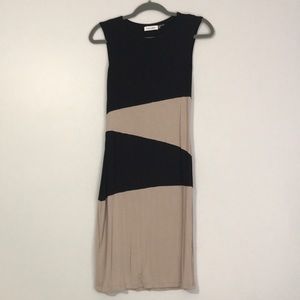 fitted tan and black Calvin Klein dress